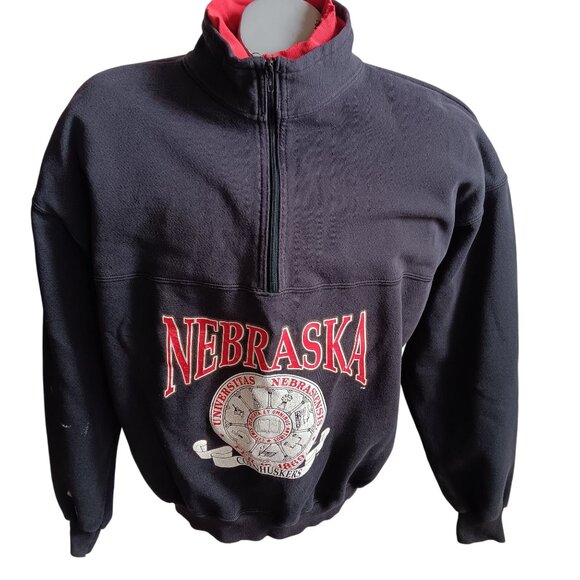 Large Vintage 90's Sweatshirt BIG RED Nebraska Cornhuskers Half-Zip Pullover USA - Picture 2 of 10